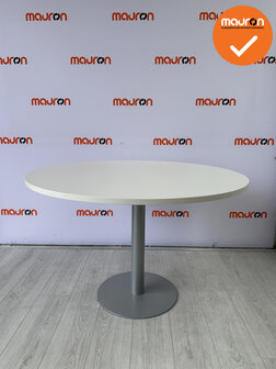 Ahrend vergadertafel - rond - 120 cm - Trompetvoet zilvergrijs - Wit houten bovenblad