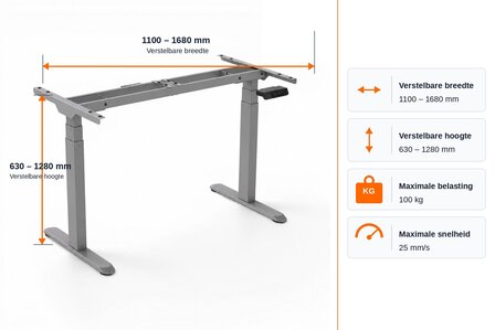 Afmetingen Economy grijs onderstel - 1100-1680 mm - 630-1280 mm