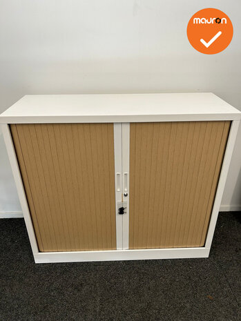 Robberechtse roldeurkast - 105x120x45cm - Wit met beuken deuren - inclusief 2 sleutels