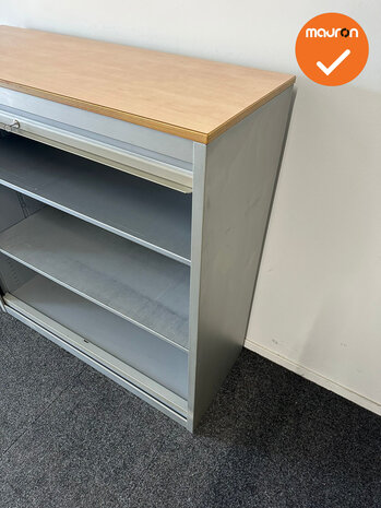 Roldeurkast - Basic - 125x120x47cm - Verticale deuren - Zilvergrijs met zilvergrijze roldeuren - ahorn topblad