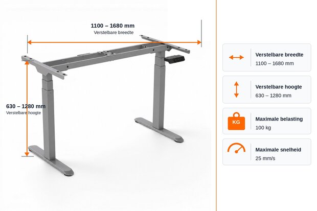 Afmetingen Economy grijs onderstel - 1100-1680 mm - 630-1280 mm